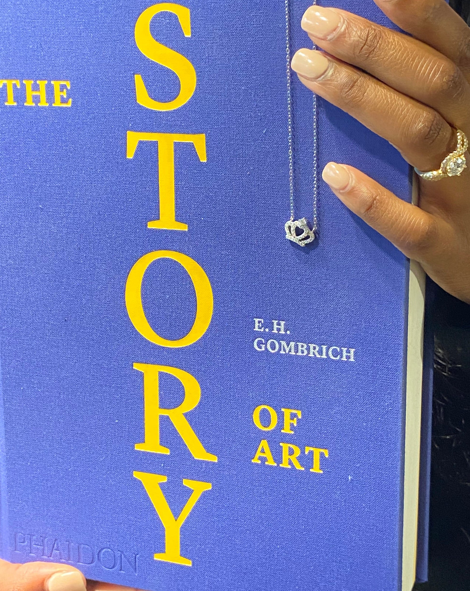 Blue book titled 'The Story of Art' by E.H. Gombrich held by a person.