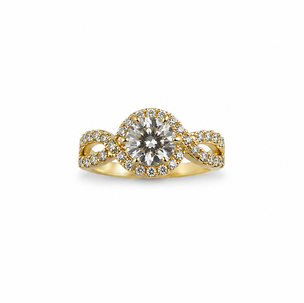 Gold ring with a diamond on a white background