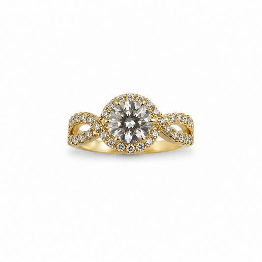 Gold ring with a diamond on a white background