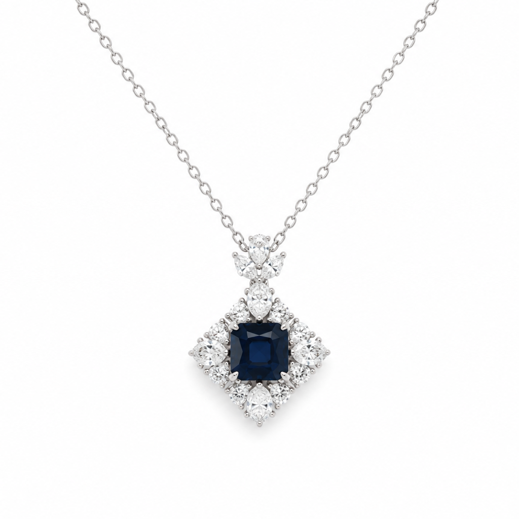 Diamond necklace with a blue gemstone on a white background